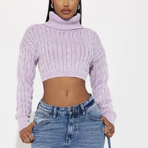 Cable knit cropped lavender turtleneck sweater (L)